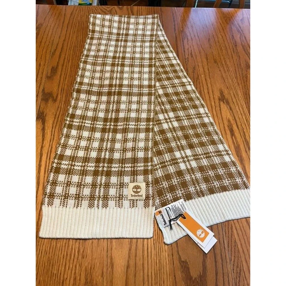 Timberland Brown and White Plaid Knit Scarf NWT